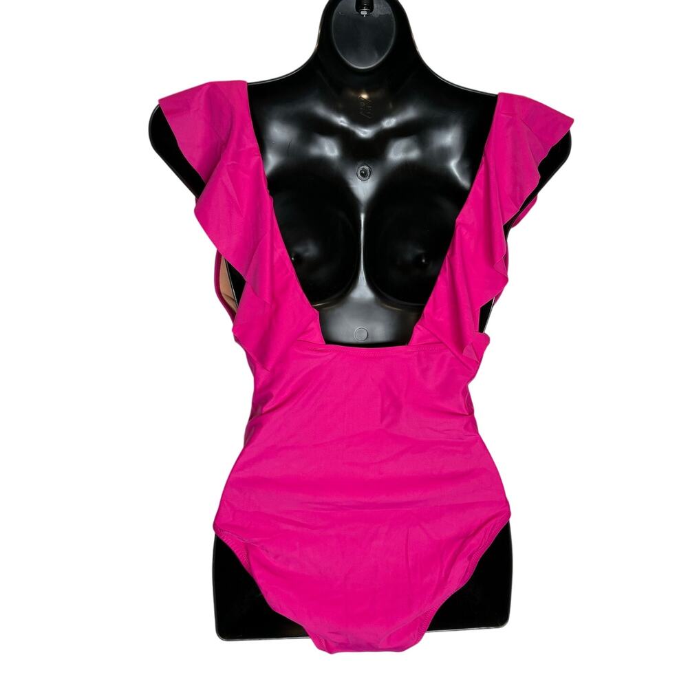 J.Crew Ruched Ruffle One-Piece Pink Swimsuit - Size 14 - Picture 2 of 6